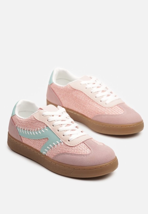 Różowe Sneakersy w Stylu Klasycznych Tenisówek Zdobione Przeszyciami i Tweedem Koriznne