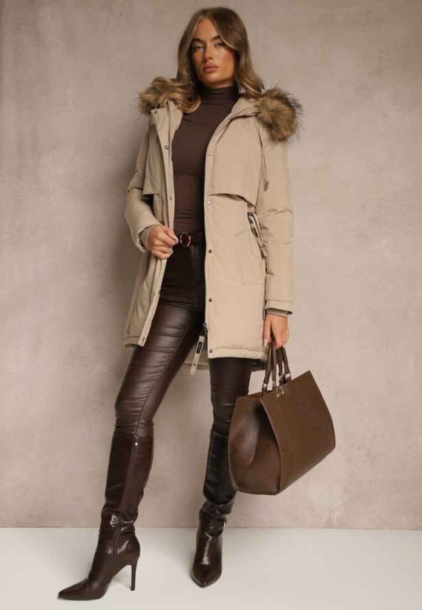 Beżowa Klasyczna Kurtka Parka z Kapturem z Futrem Nalisava