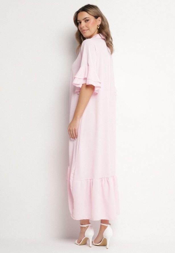 Różowa Sukienka Koszulowa z Ozdobną Falbanką Daviravie