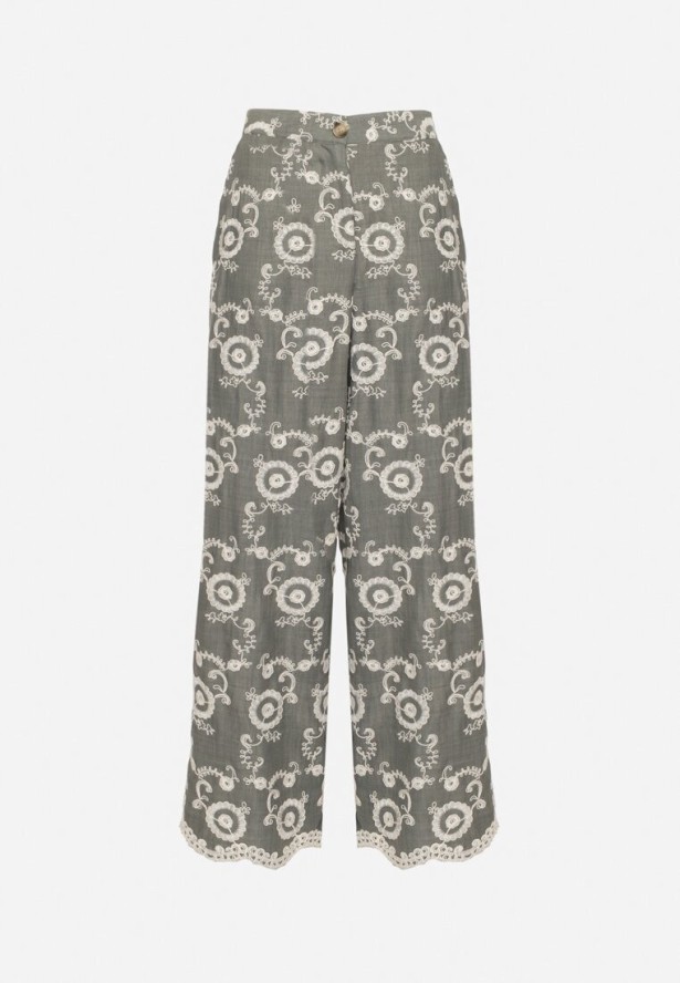 Ciemnozielone Szerokie Spodnie z Wysokim Stanem i Haftem Tulsedi