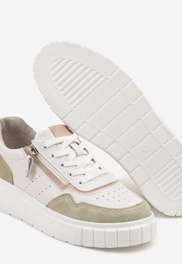 Biało-Zielone Sneakersy Skórzane z Ozdobnym Suwakiem Tillirella