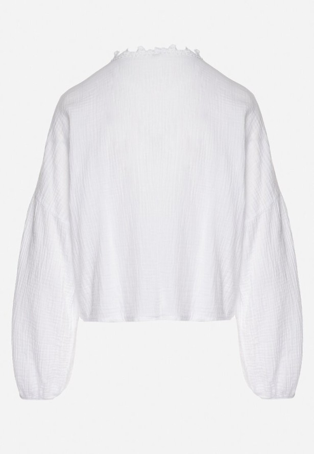 Biała Bawełniana Bluzka z Ażurowymi Zdobieniami i Wiązaniem Galondra
