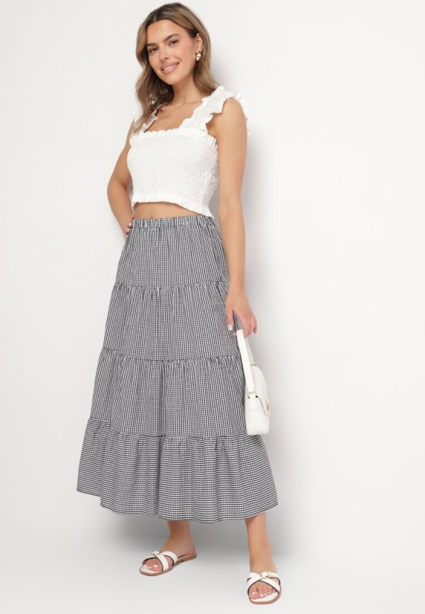 Czarno-Biała Bawełniana Spódnica Rozkloszowana w Kratę Stolitte