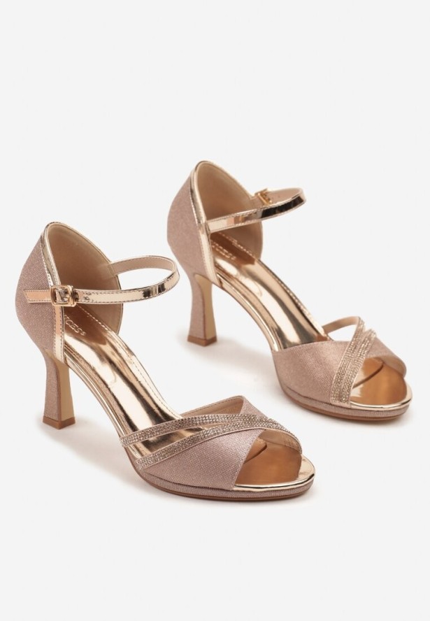 Szampańskie Sandały Vices na Szpilce Ozdobione Cyrkoniami i Brokatem Oviasse