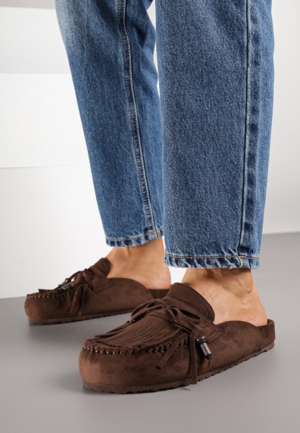 Ciemnobrązowe Klapki Ozdobione Kokardą i Frędzlami Felindrise