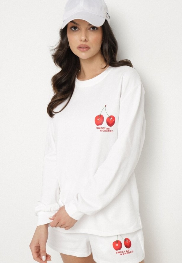 Biała Bawełniana Bluza z Nadrukiem z Wiśniami Lilzeki