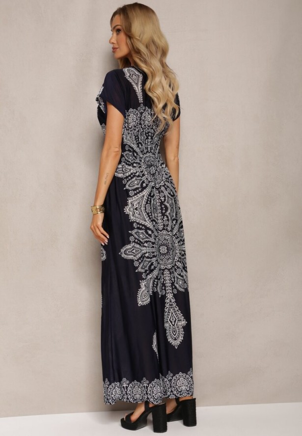 Granatowa Letnia Sukienka z Gumką w Pasie Kopertową Górą i Ornamentalnym Printem Avilepea