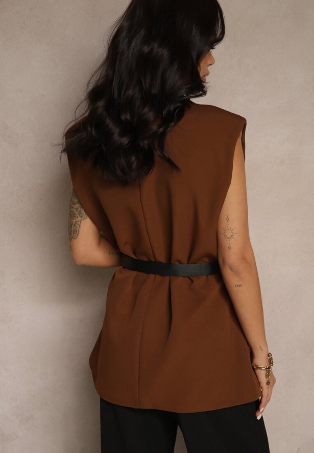 Brązowa Kamizelka Oversize w Garniturowym Stylu z Guzikiem i Paskiem z Klamrą Galazia