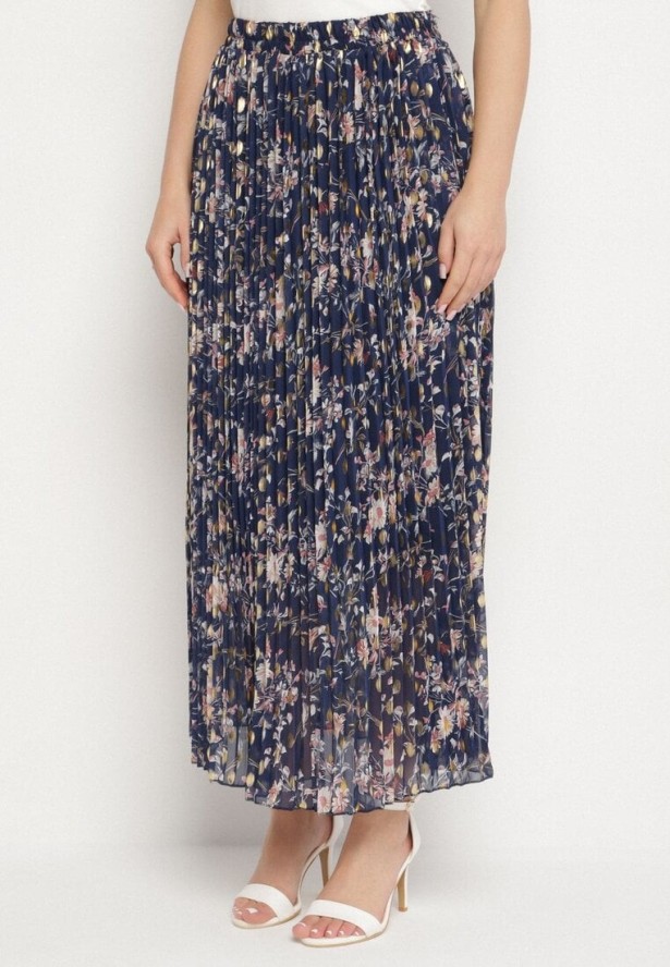 Granatowa Rozkloszowana Spódnica Plisowana z Metalicznym Nadrukiem w Kwiatowy Wzór Folireia