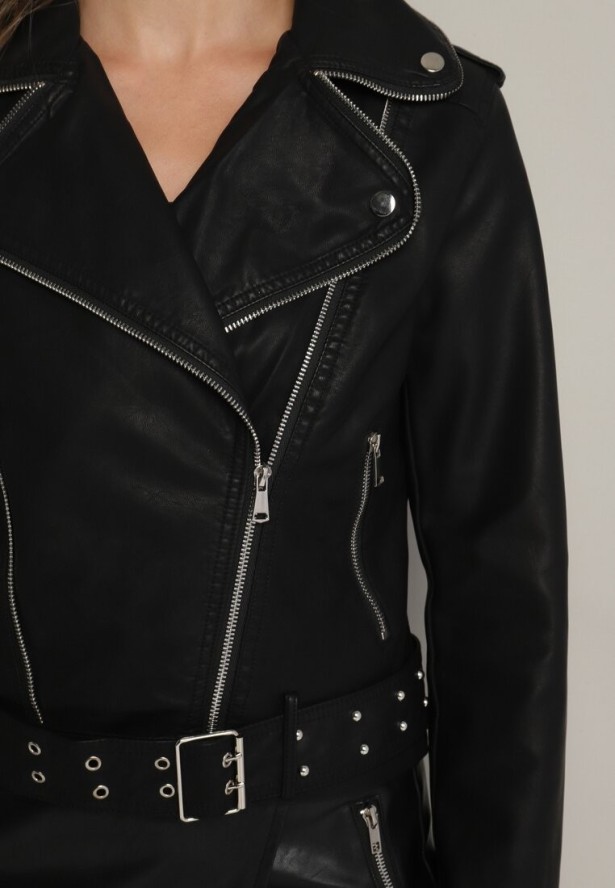 Czarna Kurtka Ramoneska z Paskiem z Klamrą Ralvila