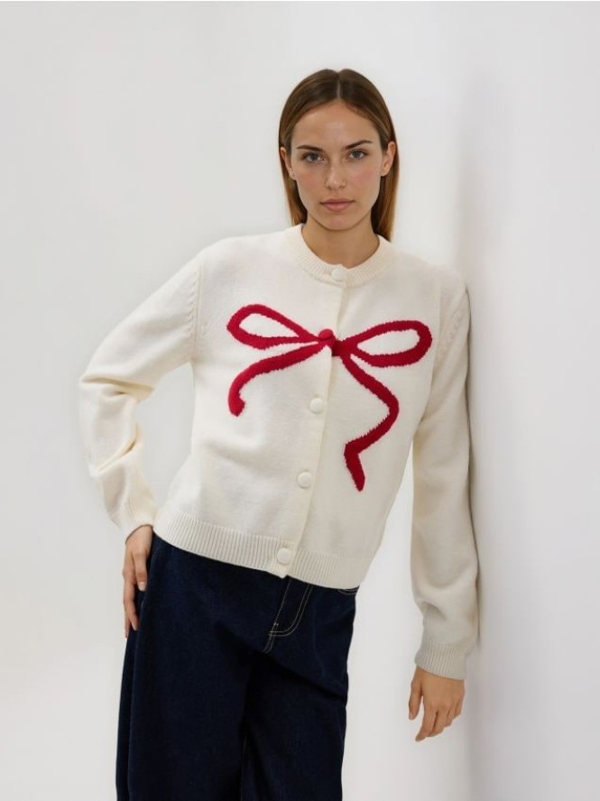Kardigan z kokardką - kremowy