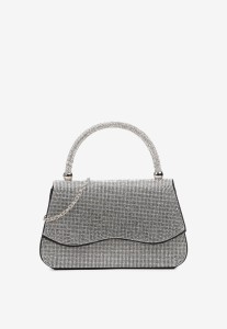 Czarno-Srebrna Wieczorowa Torebka Zdobiona Cyrkoniami z Rączką i Łańcuszkiem Galorea