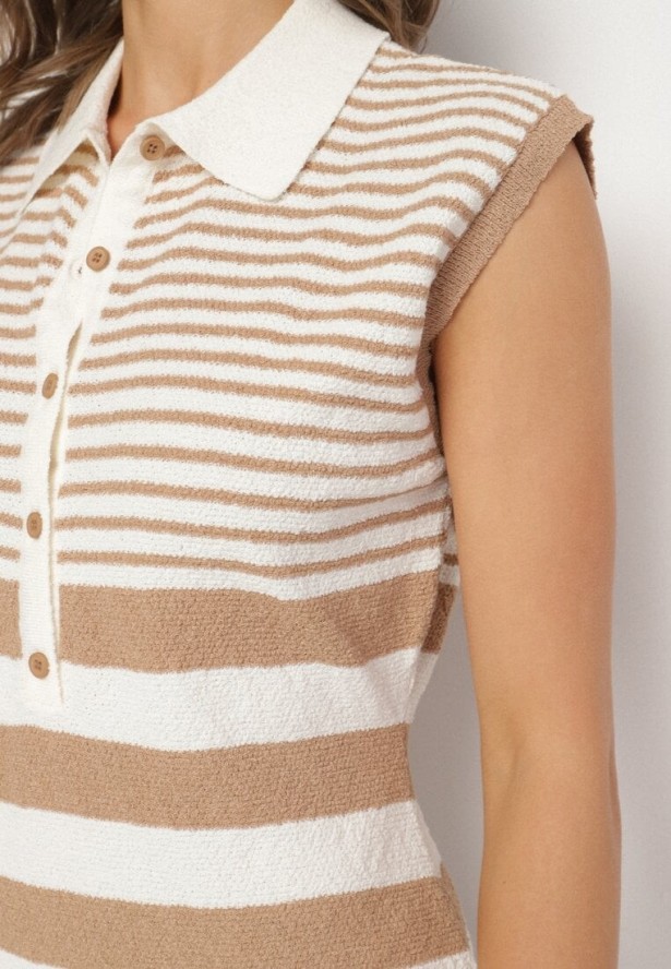 Brązowa Dopasowana Sukienka z Dzianiny w Paski z Kołnierzykiem i Guzikami Meprelle