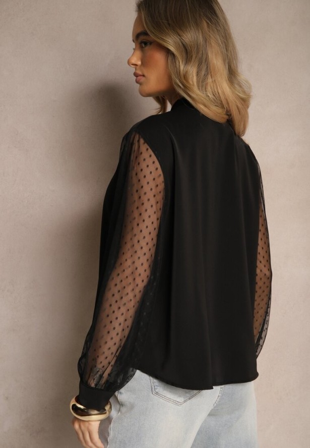 Czarna Koszula Ozdobiona Wiązaniem i Transparentnymi Rękawami Aennora