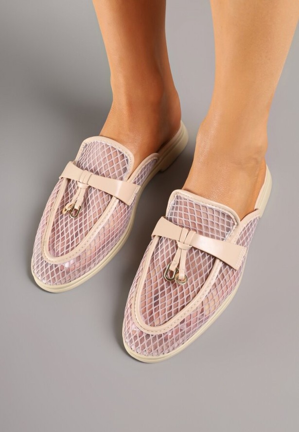 Ciemnobeżowe Transparentne Klapki Mule z Siateczki Zdobione Zawieszką Telianne