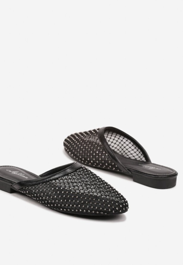 Czarne Klapki z Transparentnej Siatki z Cyrkoniami Lanissa