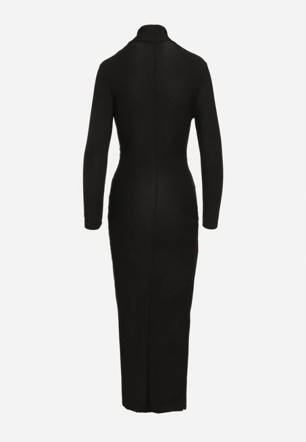 Czarna Wieczorowa Sukienka z Półgolfem i Marszczeniami Emelisse