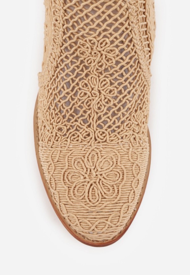 Ciemnobeżowe Botki Kowbojki VICES na Stożku z Ażurową Cholewką Azivessa