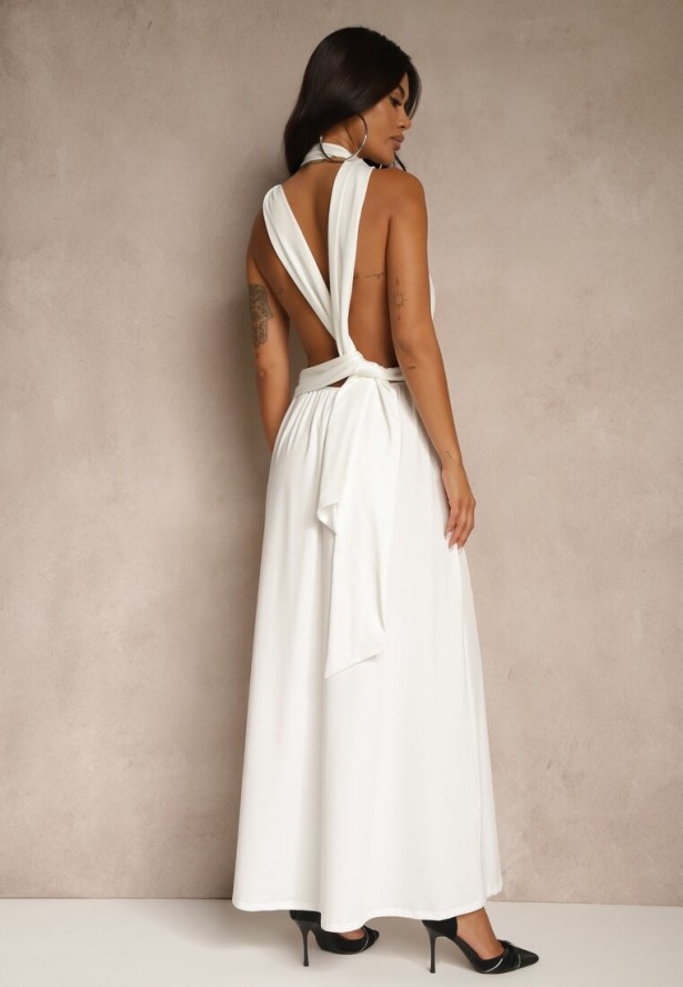 Biała Sukienka Koktajlowa Multiway z Wiskozą Wiązana na Szyi Lilovea