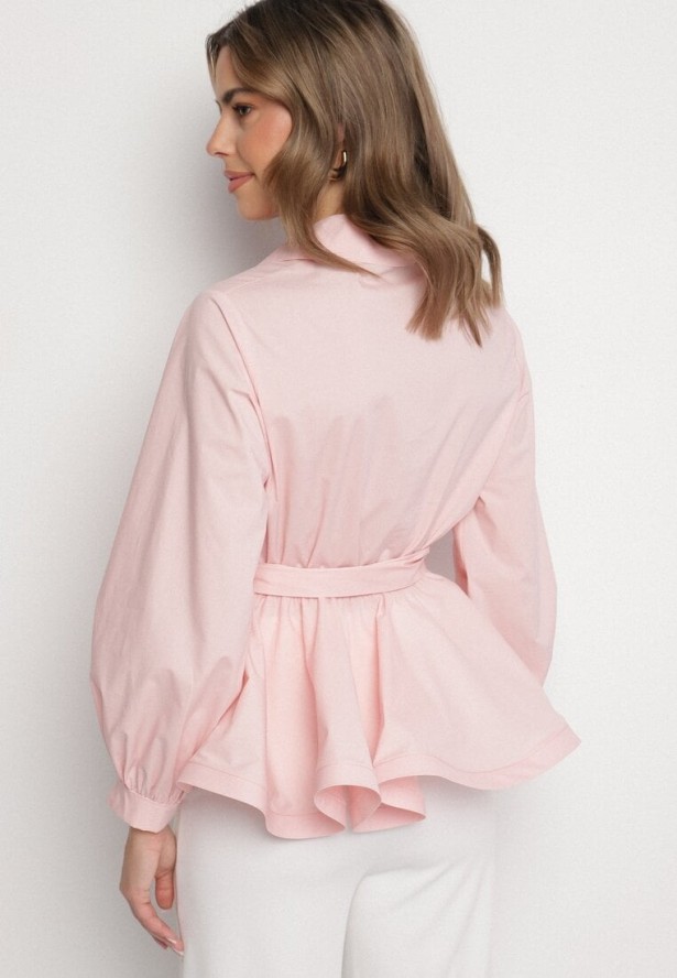 Różowa Koszula z Gumką w Talii z Materiałowym Paskiem Lanothia