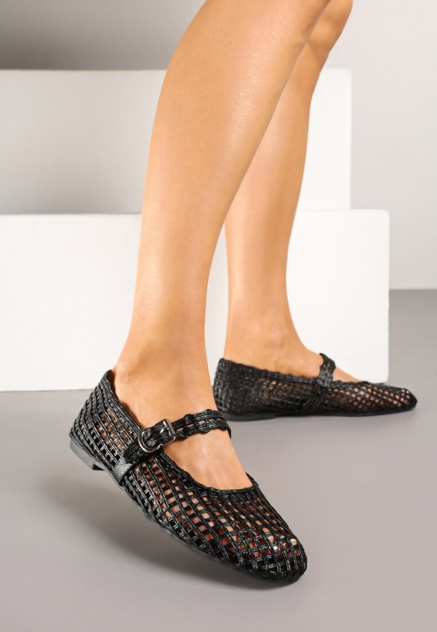 Czarne Ażurowe Balerinki w Stylu Mary Jane z Plecioną Cholewką Deraelle