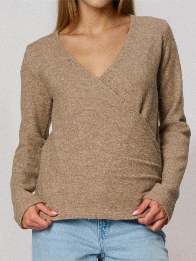 Sweter z kopertowym dekoltem z domieszką wełny - brązowy