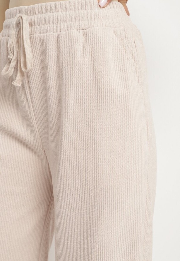 Beżowe Szerokie Spodnie z Wysokim Stanem Wiązane Sznurkiem Cosetta
