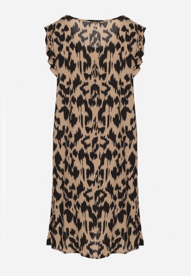 Ciemnobeżowa Sukienka z Bawełny o Rozkloszowanym Kroju z Falbankami Zamiast Rękawów Jenalinea