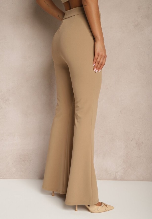 Ciemnobeżowe Spodnie High Waist Dzwony z Wiskozą Blazza