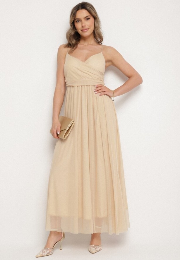 Beżowa Sukienka Koktajlowa z Tiulową Siateczką Devinae