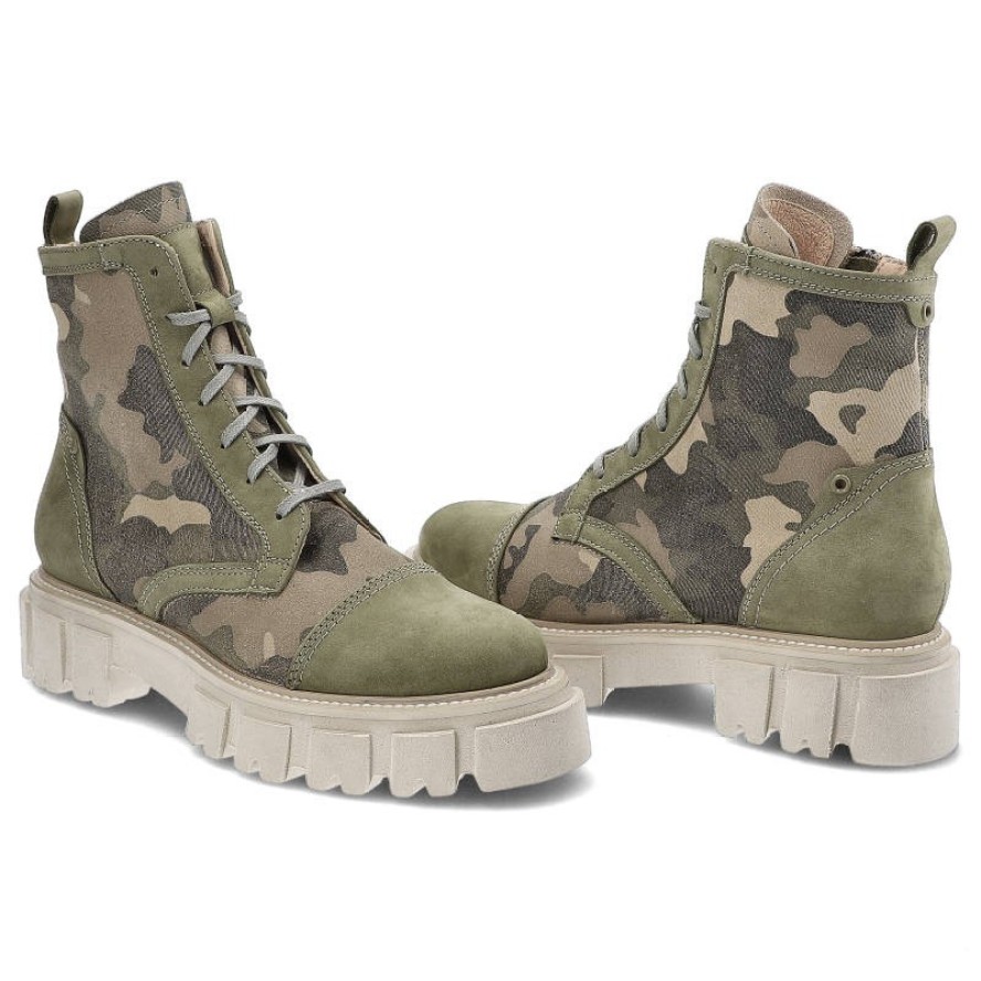 Botki damskie Simen, naturalna skóra zamszowa i materiał tekstylny z wysoką cholewką o militarnej stylistyce, moro/zielen bez, 5058A