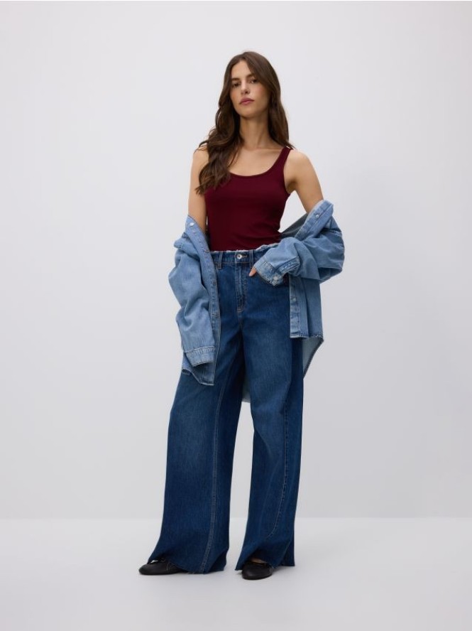 Jeansy wide leg z rozdarciami - niebieski