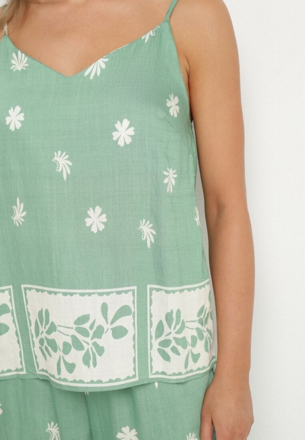 Miętowy Wiskozowy Komplet Koszulka na Ramiączkach i Spodnie w Kwiaty Adisira