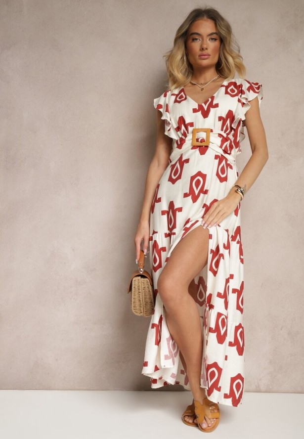 Biało-Czerwona Wiskozowa Sukienka w Geometryczny Wzór z Paskiem z Klamrą Viriala