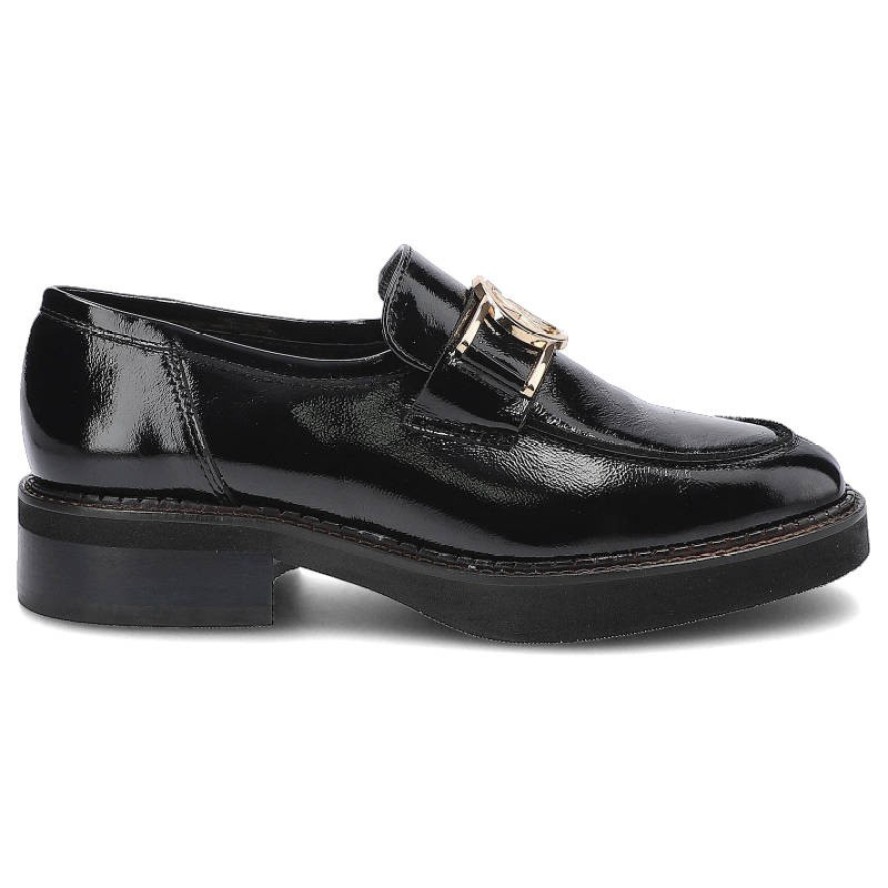 Półbuty damskie Karino, naturalna skóra licowa o lakierowanym wykończeniu z paskiem na podbiciu z metalową aplikacją oraz solidną podeszwą, czarne, 3