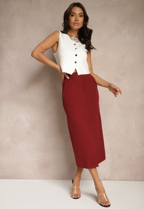 Bordowa Spódnica Ołówkowa z Wiskozą High Waist z Rozcięciem Semivinia