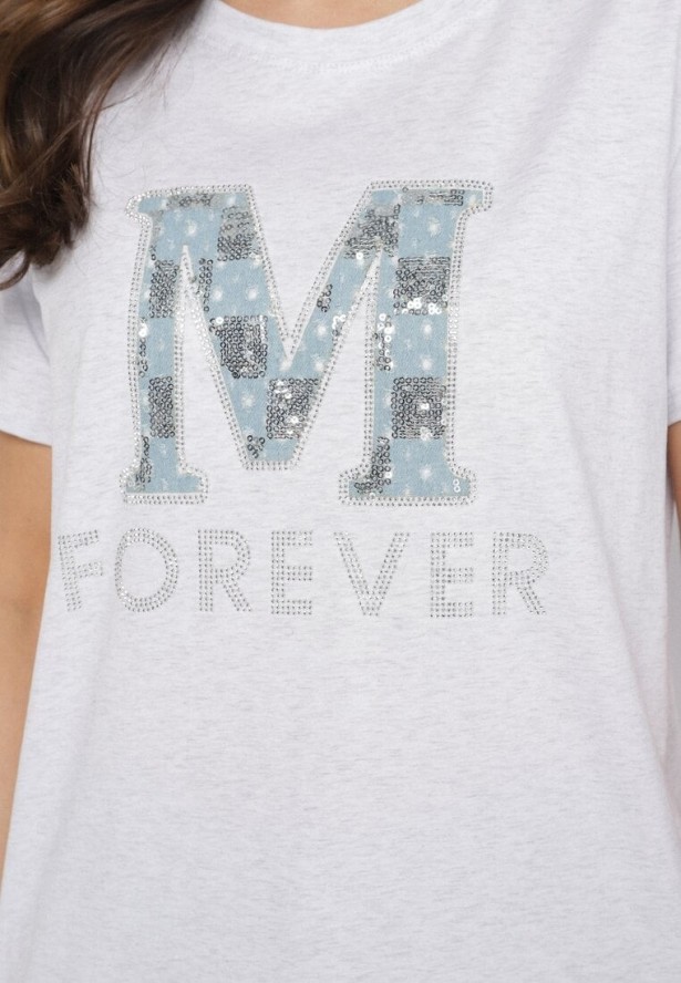 Jasnoszary T-shirt z Bawełny Ozdobiony Napisem i Cyrkoniami Olireth