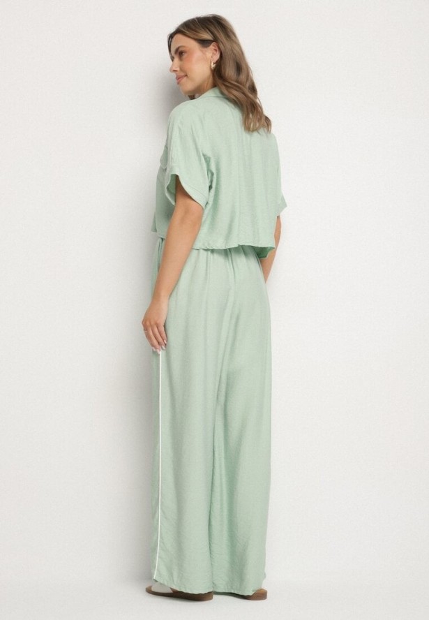 Jasnozielony Wiskozowy Komplet Krótka Koszula i Szerokie Spodnie Davitta