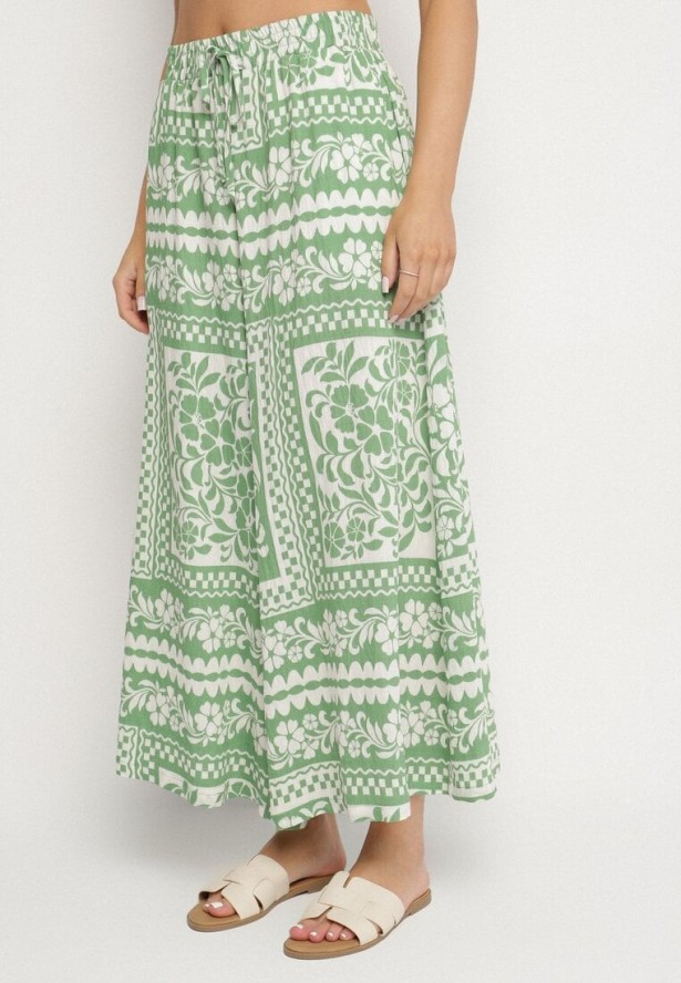 Jasnozielony Komplet z Wiskozą z Kwiatowym Motywem Koszula i Spodnie Sonaniella