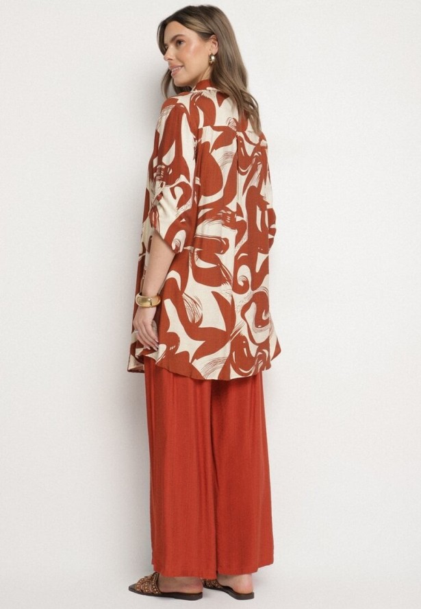 Pomarańczowy Komplet z Wiskozą Koszula i Spodnie w Geometryczny Wzór Nitasenia