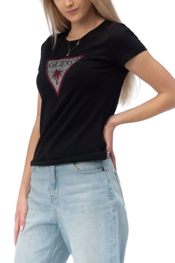 GUESS Czarny damski t-shirt z logo z cyrkoniami Triangle Rhinestones, Rozmiar XL