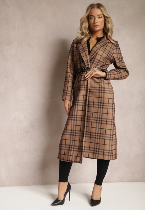 Jasnobrązowy Płaszcz Długi w Geometryczny Wzór z Paskiem Charlo