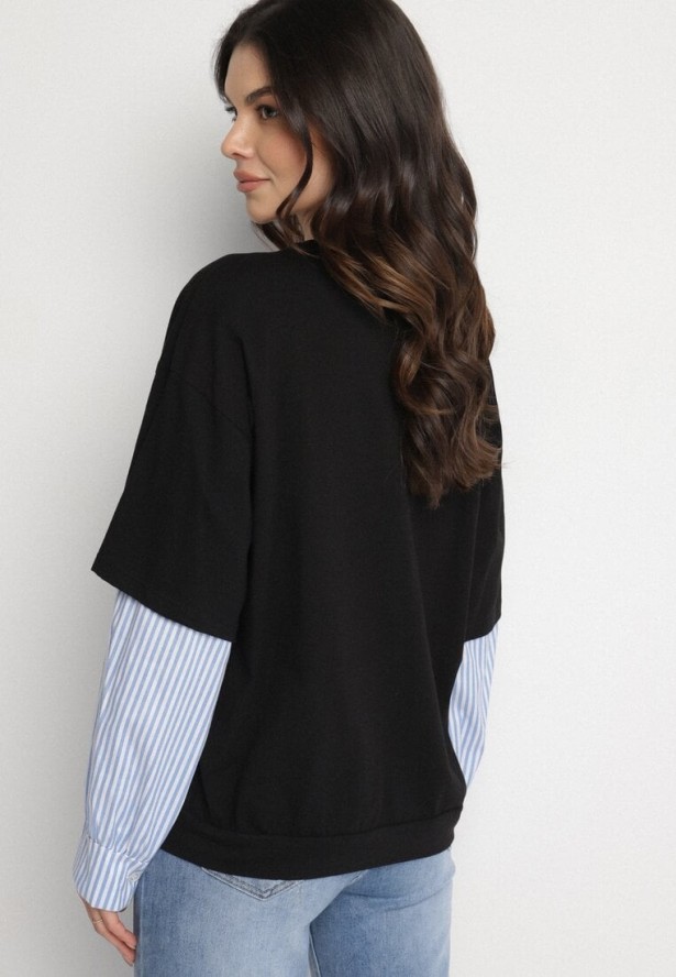 Czarna Bluzka z Bawełny z Koszulowymi Rękawami w Paski Firselia