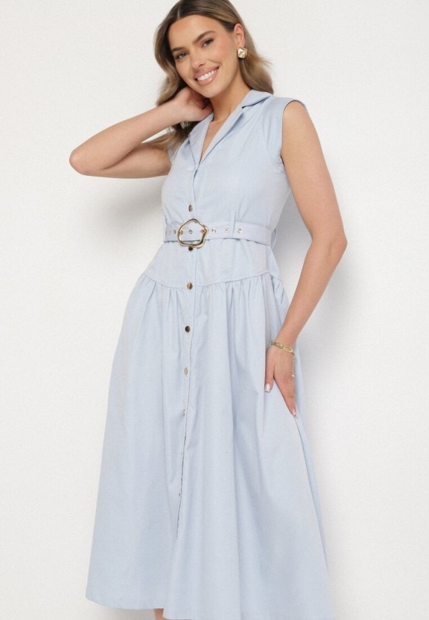 Niebieska Sukienka Koszulowa Ozdobiona Paskiem Devikka