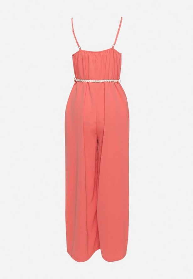 Czerwony Kombinezon na Cienkich Regulowanych Ramiączkach ze Ściągaczem w Talii Huetta