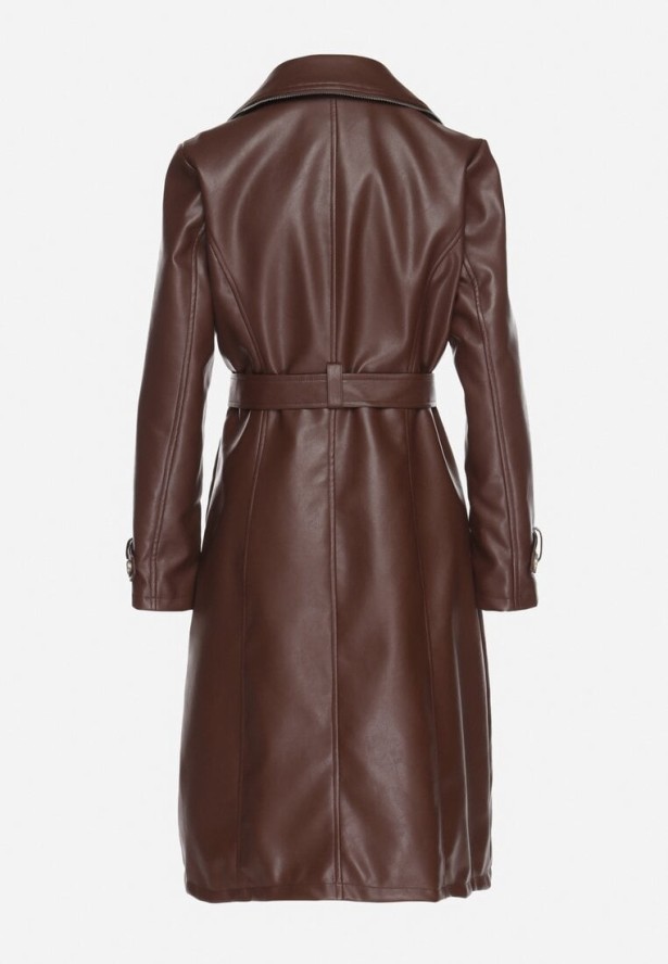 Brązowy Dwurzędowy Płaszcz Trencz z Imitacji Skóry z Wiązanym Paskiem Nilovessa