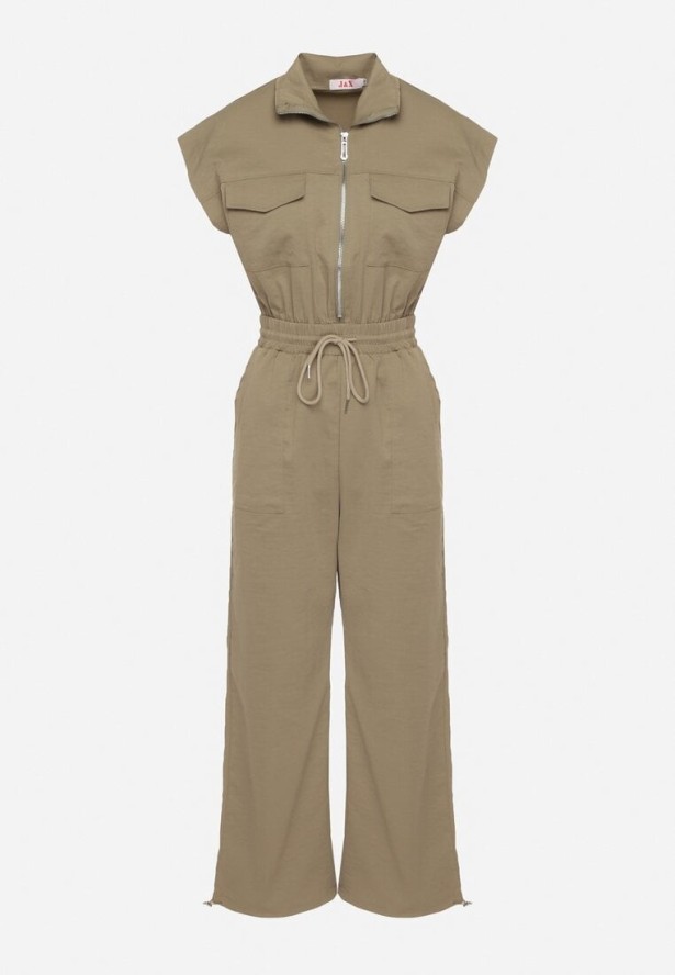 Zielony Kombinezon na Krótki Rękaw z Kołnierzykiem i Zapięciem na Suwak Kareldi