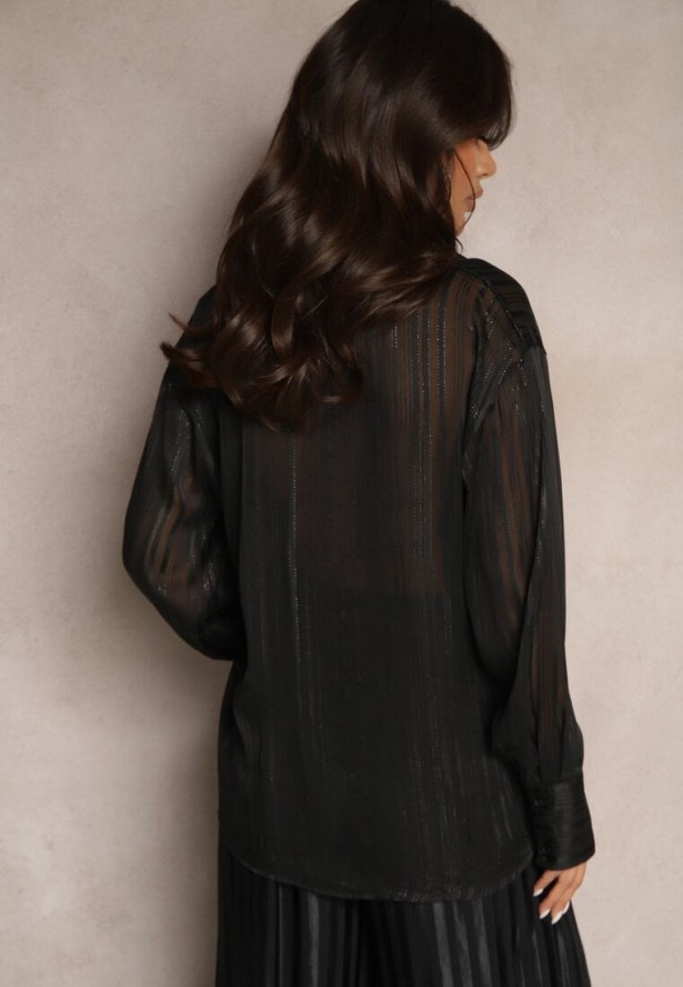 Czarna Koszula Półprzezroczysta w Prążki Przeszyta Metaliczną Nicią Delorwin
