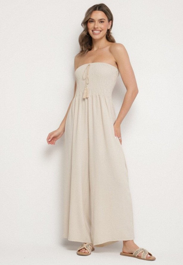 Beżowy Kombinezon Bez Rękawów z Szerokimi Nogawkami i Frędzlami Dovilla