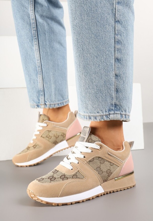 Beżowo-Różowe Sneakersy Ozdobione Wzorzystymi Wstawkami Halisna